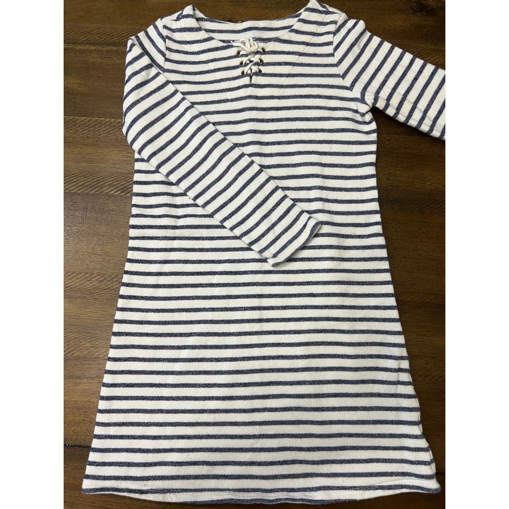 Lands End Girls Blue White Striped Knit Dress Casual Lace Up Neck